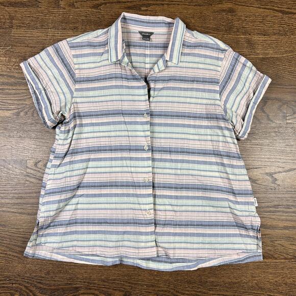 Eddie Bauer Tops - Eddie Bauer Shirt Womens Medium Blue Pink Striped Button Up Short Sleeve Blouse